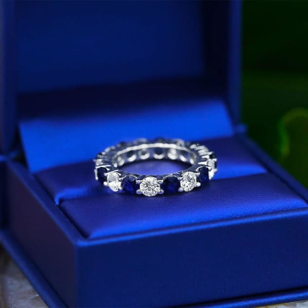 Charming Eternity band with 1.79ct of Round Diamonds and 2.92ct of Blue Sapphires 172401, Ring in packing