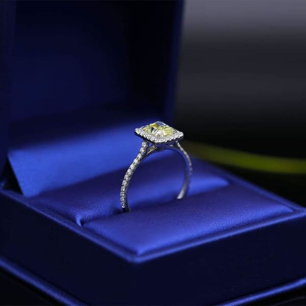 Classic Elegant Platinum engagement ring with center 1.05 Radiant Fancy Yellow Diamond DS-4564500, Ring in packing