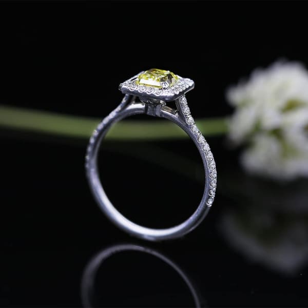 Classic Elegant Platinum engagement ring with center 1.05 Radiant Fancy Yellow Diamond DS-4564500,  Profile