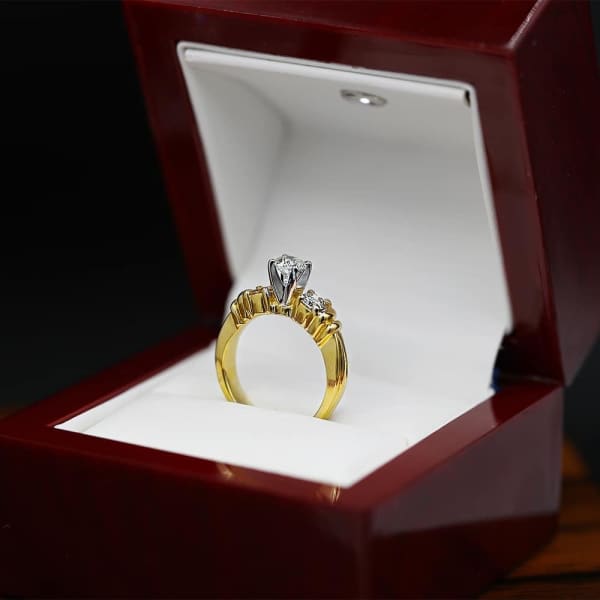 Classic Three-Stone Yellow Gold Engagement Ring features center 0.50ct Round Diamond ENG-5500, Ring in packing