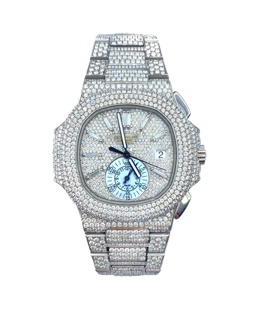 Custom Iced Out Patek Philippe, Nautilus Chronograph 40.5 mm | Stainless Steel diamond bracelet | Diamond dial | Diamond Case Men's Watch 5980/1A-019