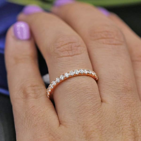 Delicate Rose Gold Engagement Ring features 0.75ct of total Diamonds BA-3500, Ring on a finger