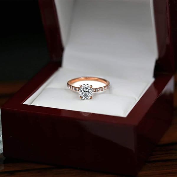 Delicate Rose Gold Engagement ring features oval 1.01ct Diamond ENG-10005, Ring in packing