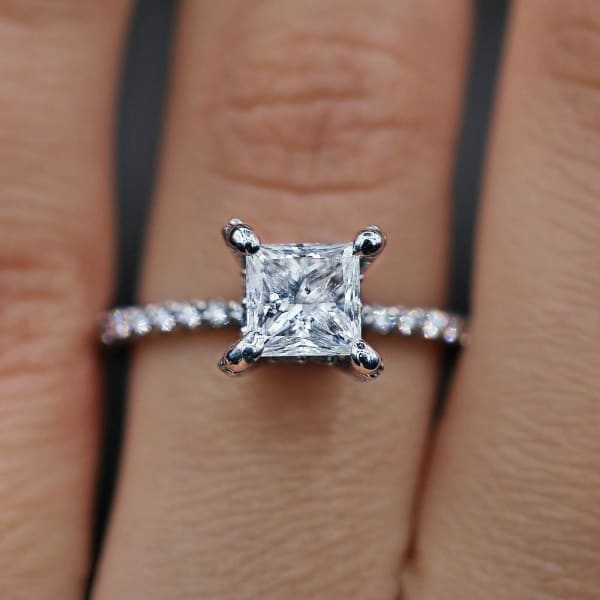 Delicate White Gold Engagement ring with center 1.22ct Princess Cut Diamond and 0.75ct of pave diamonds on sides ENG-12505, Ring on a finger