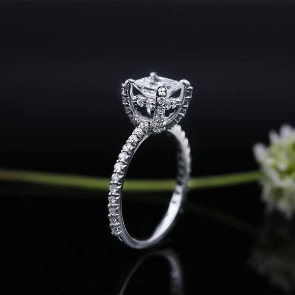 Delicate White Gold Engagement ring with center 1.22ct Princess Cut Diamond and 0.75ct of pave diamonds on sides ENG-12505, enlarged image