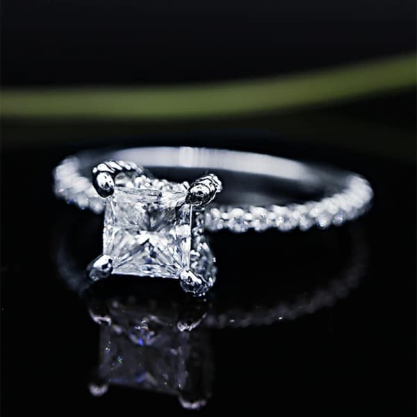 Delicate White Gold Engagement ring with center 1.22ct Princess Cut Diamond and 0.75ct of pave diamonds on sides ENG-12505