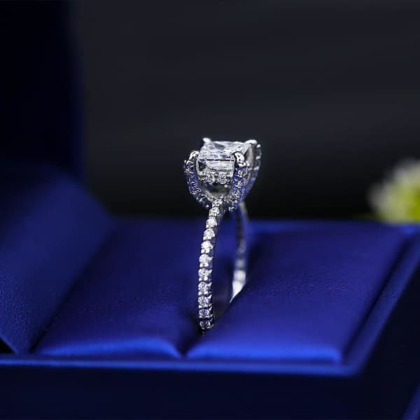 Delicate White Gold Engagement ring with center 1.22ct Princess Cut Diamond and 0.75ct of pave diamonds on sides ENG-12505, Ring in packing, Side