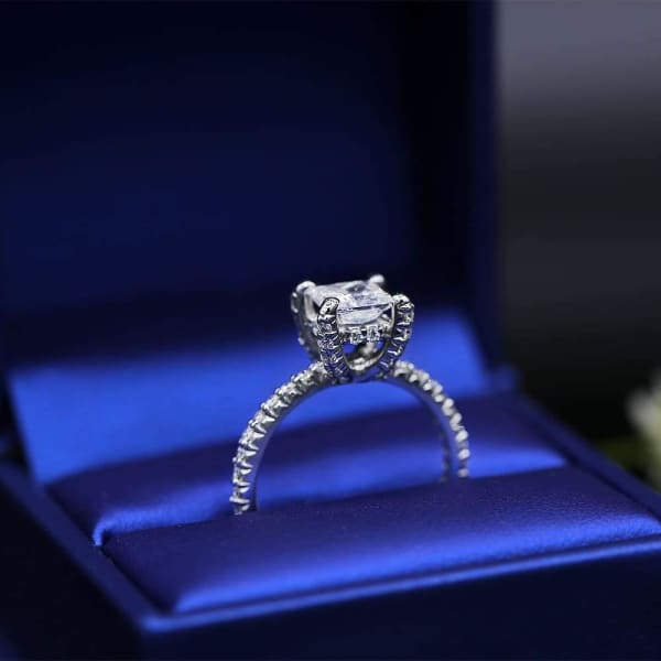 Delicate White Gold Engagement ring with center 1.22ct Princess Cut Diamond and 0.75ct of pave diamonds on sides ENG-12505, Ring in packing, Main view