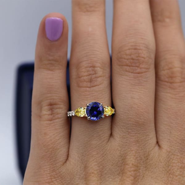 Elegant Engagement Ring with 2.00ct Center Blue Sapphire and two Diamonds ENG-12503, Ring on a finger