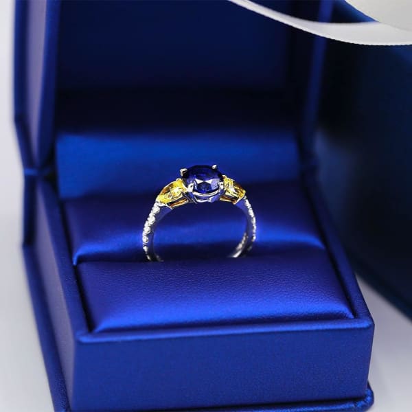 Elegant Engagement Ring with 2.00ct Center Blue Sapphire and two Diamonds ENG-12503, Ring in packing