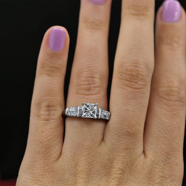 Elegant Engagement Ring with Center 1.30ct Princess Cut Diamond DS-4562500, Ring on a finger 