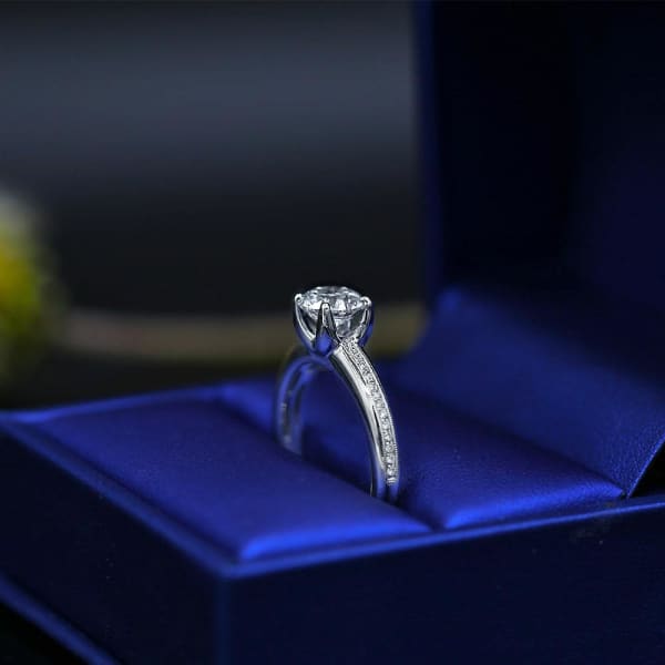 Elegant Engagement Ring with Center Certified 1.00ct. Round Diamond ENG-15500, Ring in packing, Right
