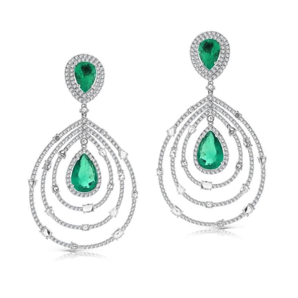 Emerald Chandelier Earrings 18kt white gold with 11.25Ct emerald stones and  2.55Ct diamonds EAR-65000