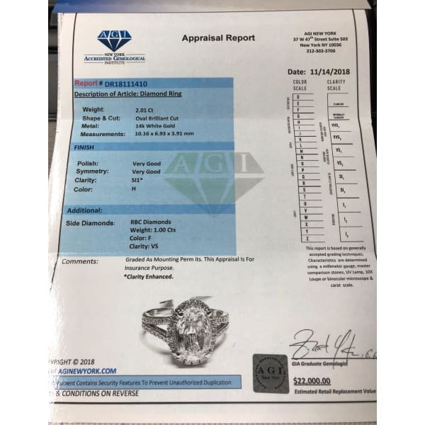 Engagement Ring with 3.01 ct of Total Diamond Weight Eng-30001, Appraisal report