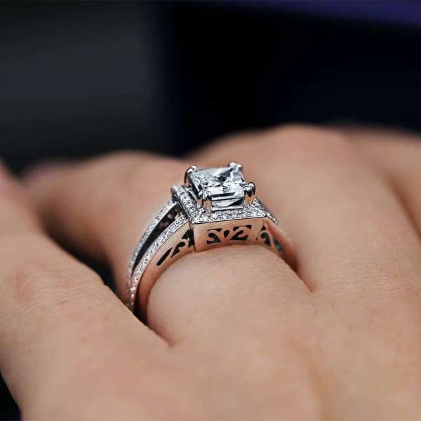 Extraordinary Engagement Ring with center 1.16ct Princess Cut Diamond RN-17500, Ring on a finger