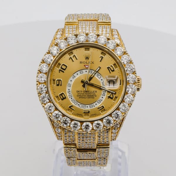 Fully ICED OUT Rolex, Sky Dweller Champagne Dial GMT 18k Yellow Gold Mens Watch 326938