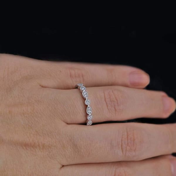 Half-Way 18k White Gold Diamond band features 0.18ct of Total Diamonds, Ring on a finger