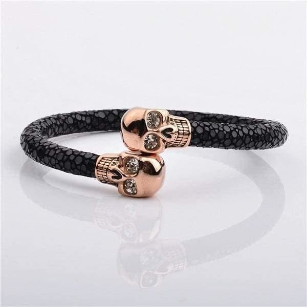 High Quality Charming Design North Skull Stainless Steel Charm With Real Stingray Leather Men’s Bracelet Black & Rose Gold Color