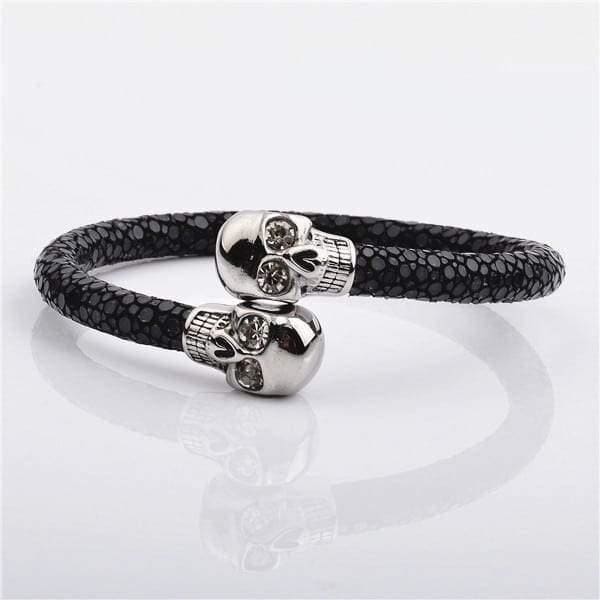High Quality Charming Design North Skull Stainless Steel Charm With Real Stingray Leather Men’s Bracelet Black & Silver Color
