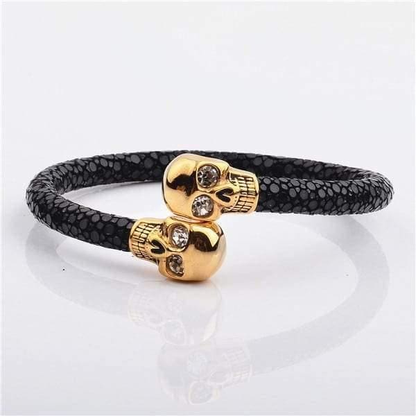 High Quality Charming Design North Skull Stainless Steel Charm With Real Stingray Leather Men’s Bracelet Black & Gold Color