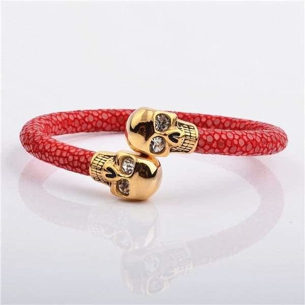 High Quality Charming Design North Skull Stainless Steel Charm With Real Stingray Leather Men’s Bracelet Red