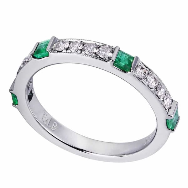 Luxury memorable 18K white gold band is set with .30ct white round diamonds and .45ct Emerald KR10548, Main view