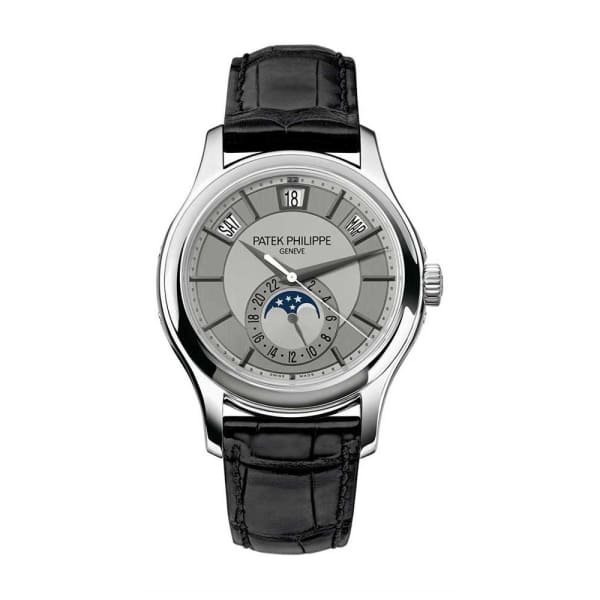 Patek Philippe, Complications Grey Dial 18k White Gold Black Leather Mens Watch, Ref. # 5205G-001