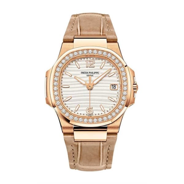 Patek Philippe, Nautilus 32 mm | Beige color strap | Golden white opaline dial Diamond bezel | 18k Rose gold Case Ladies Watch 7010R-011
