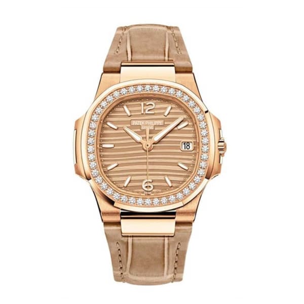 Patek Philippe, Nautilus 32 mm | Beige color strap | Golden brown opaline dial Diamond bezel | 18k Rose gold Case Ladies Watch 7010R-012