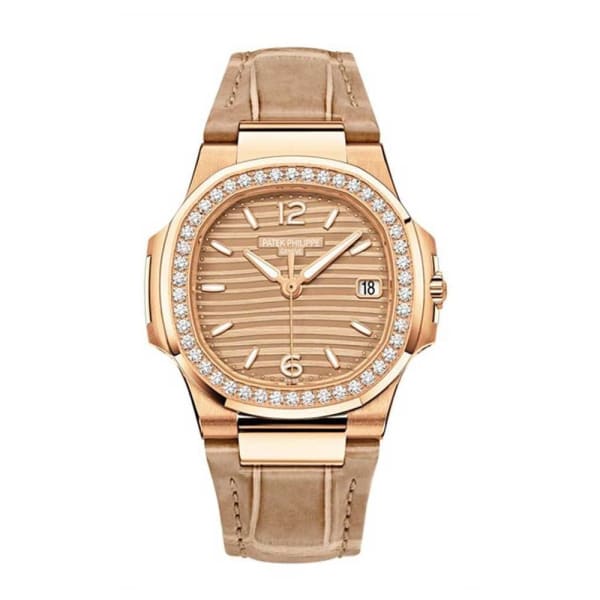 Patek Philippe Nautilus Ladies 32mm Women s Watch Ref 7010R 012 Golden Brown Opaline Dial in 18K Rose Gold Beige Leather Strap