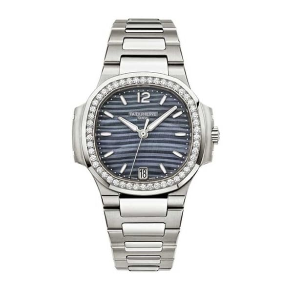 Patek Philippe, Nautilus 33.6 mm | Stainless Steel bracelet | Blue Tinted Mother-of-Pearl dial Diamond bezel | Ladies Watch 7018/1A-010