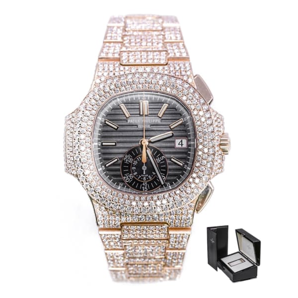 Custom Iced Out Patek Philippe, Nautilus Chronograph 40.5 mm | 18k Rose gold Diamond bracelet | Black gradient dial | 18k Rose gold Diamond Case Men's Watch 5980/1R