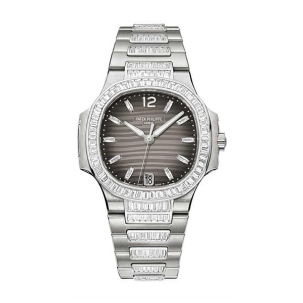 Patek Philippe, Nautilus 33.5mm | 18k White gold diamond bracelet | Charcoal gray dial | Ladies Watch 7014/1G-001