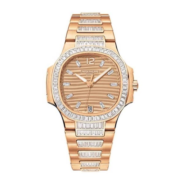 Patek Philippe, Nautilus 33.6 mm | 18k Rose gold Diamond bracelet | Golden brown sunburst dial Diamond bezel | 18k Rose gold Diamond Case Ladies Watch 7014/1R-001