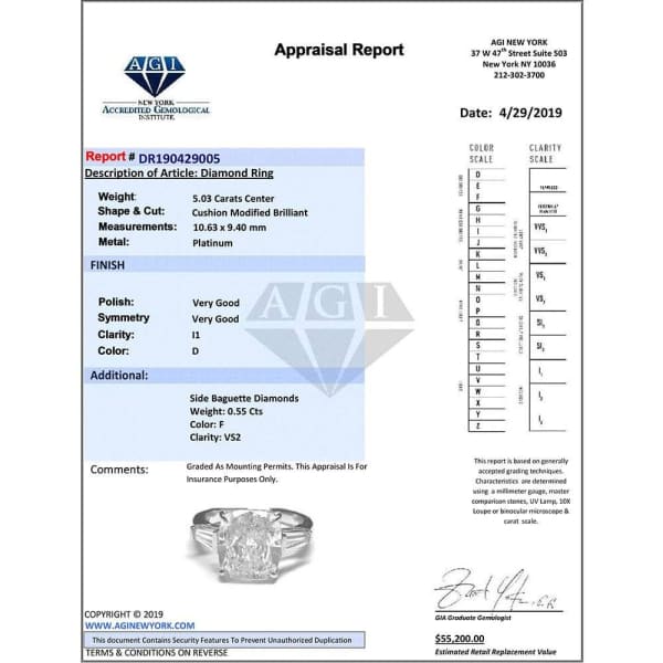 Platinum AGI Certified Engagement ring with 5.58ct Diamonds ENG-95000, Appraisal report