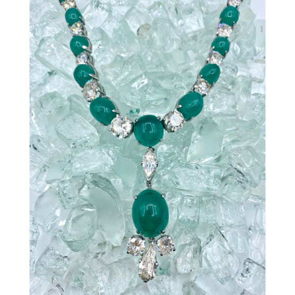 Platinum Diamond and Green Cabochon Necklace