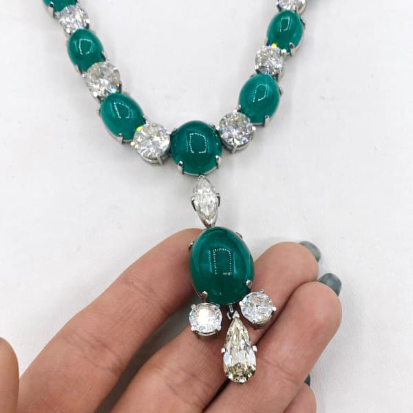 Platinum Diamond and Green Cabochon Necklace