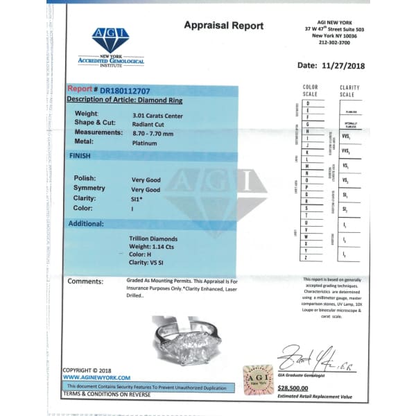 Platinum Engagement Three Stone Ring With Center Diamond 3.01ct Radiant Cut RN-77500, Appraisal report
