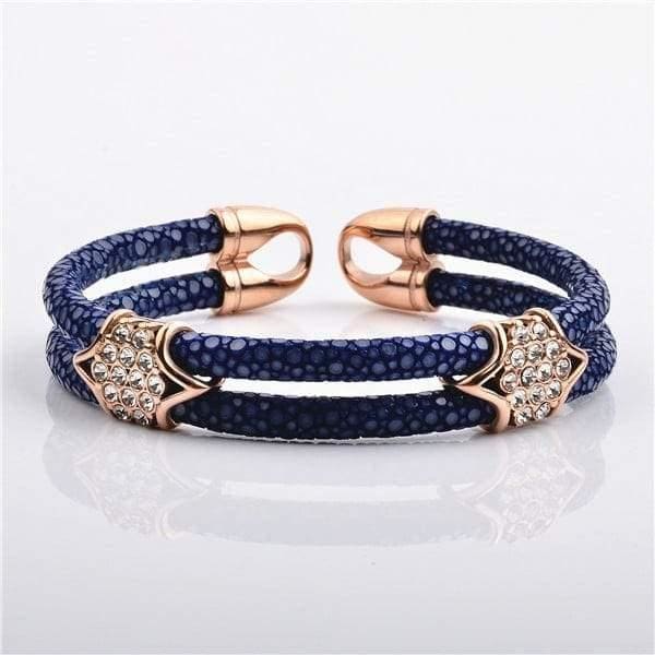 Rhinestone Bangle Stainless Steel Charm Gold Plated With Real Stingray Leather Men’s Bracelet