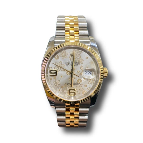 Rolex, Datejust 36mm, Two-Tone Stainless Steel and 18k Yellow Gold Jubilee bracelet, Floral dial Fluted bezel, Stainless Steel and 18k Yellow Gold Case Men's Watch 116233
