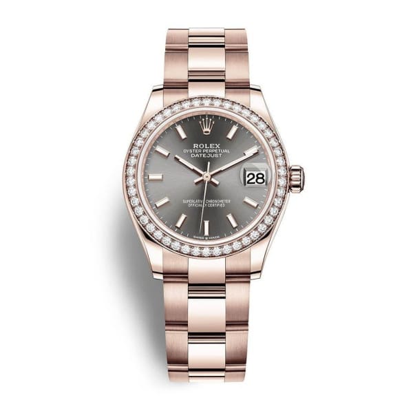 Rolex, Datejust 31mm, 18K Rose Gold Oyster Bracelet, Dark Rhodium Dial W/ Channel Diamond Bezel, Ladies Watch Ref. 278285rbr-0020