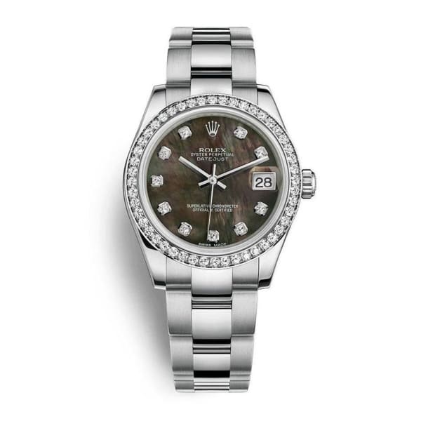 Rolex, Perpetual Datejust 31mm, Stainless Steel and 18k White Gold Oyster bracelet, Black mother-of-pearl diamond dial Diamond bezel, Ladies Watch 178384-0019