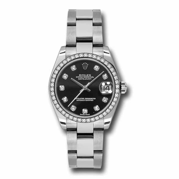 Rolex, Datejust 31mm, Stainless Steel Oyster bracelet, Black diamond dial diamond bezel, Ladies Watch 178384-0042