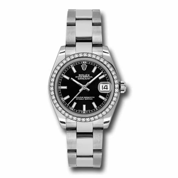 Rolex, Datejust 31mm, Stainless Steel Oyster bracelet, Black dial diamond bezel, Ladies Watch 178384-0054