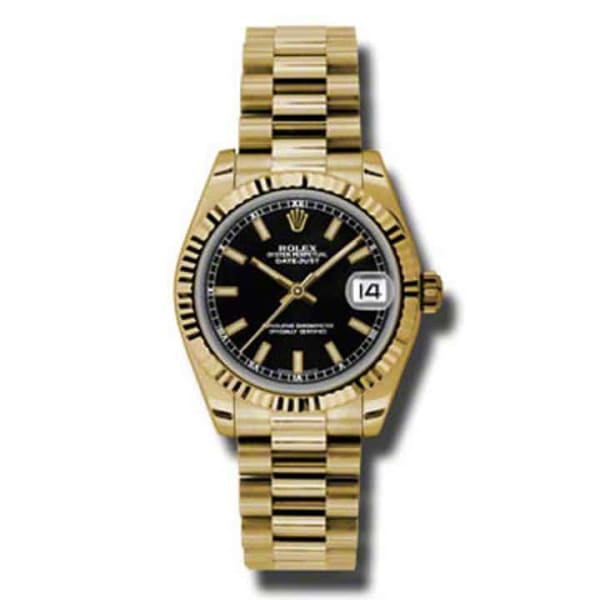 Rolex, Datejust 31mm, 18k Yellow Gold President bracelet, Black dial Fluted bezel, 18K yellow gold Case Ladies Watch 178278 bkip