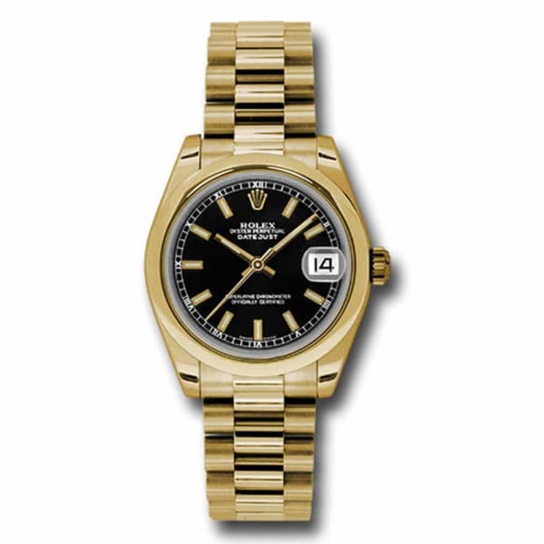 Rolex, Datejust 31mm, 18k Yellow Gold President bracelet, Black dial Smooth bezel, 18K yellow gold Case Ladies Watch 178248 bkip