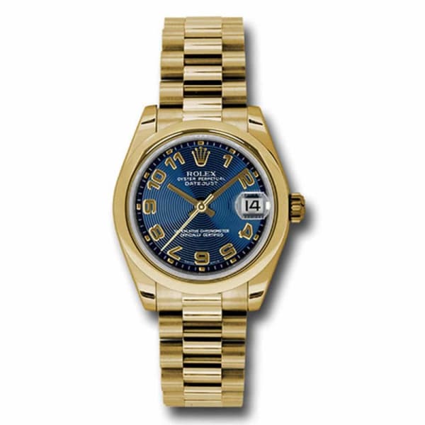 Rolex, Datejust 31 Watch Blue dial, Smooth bezel, President, Yellow Gold 178248 blcap