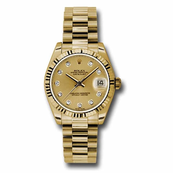 Rolex, Datejust 31 Watch Champagne dial, Fluted bezel, President, Yellow Gold 178278 chdp