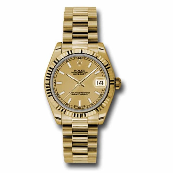 Rolex Datejust 31mm Champagne dial, Fluted bezel, President, Yellow Gold 178278 chip
