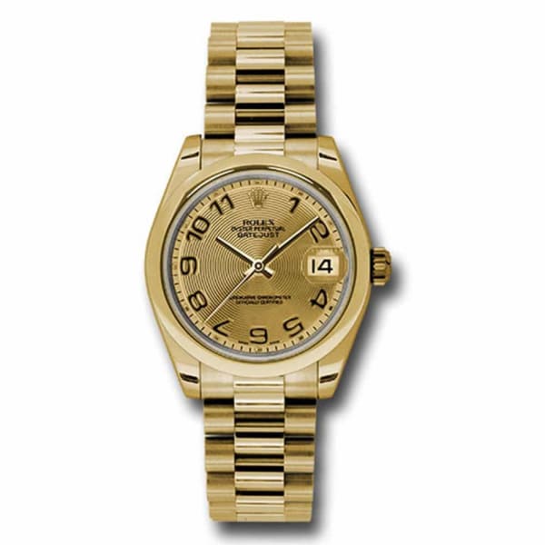 Rolex, Datejust 31 Watch Champagne Arabic numerals dial, Smooth bezel, Yellow Gold President Bracelet 178248 chcap